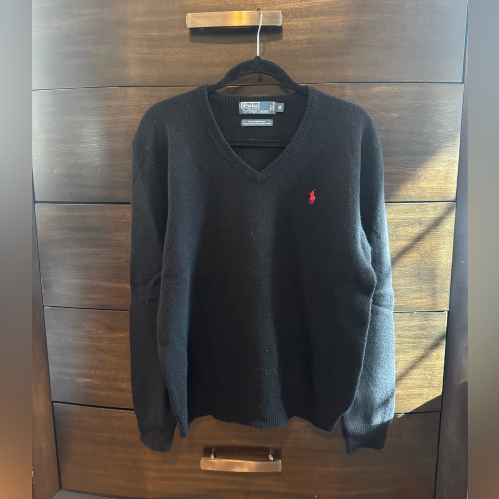 Polo Ralph Lauren Black V Neck 100% Lambs Wool Sweater Mens Size M